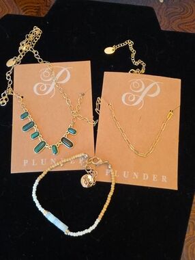 Plunder Gold Link Necklace and Teal Bar Accent Necklace Set & Bracelet